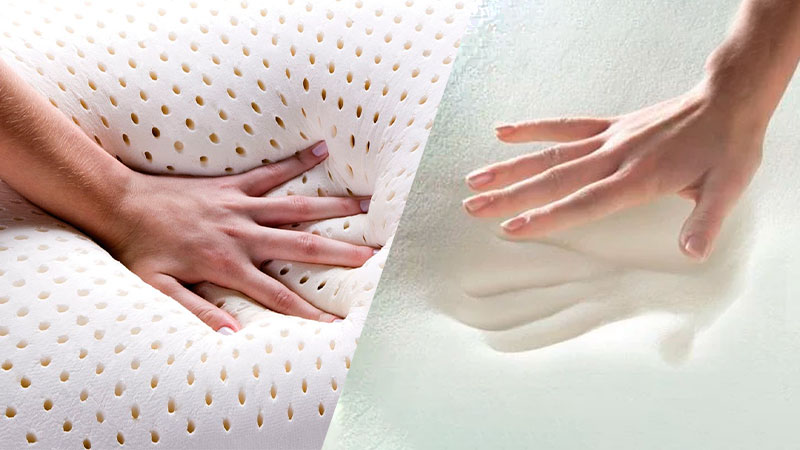 Comparativo de uma pessoa apertando travesseiro de Látex e travesseiro de viscoelástico