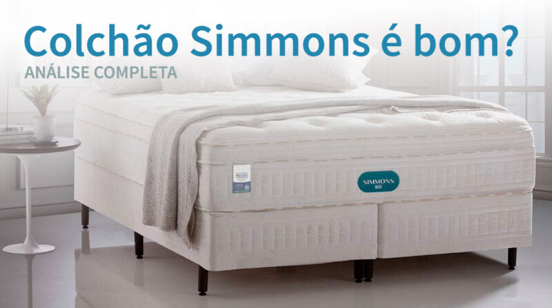Colchão Simmons em uma cama box, com o texto "Colchão Simmons é bom?"